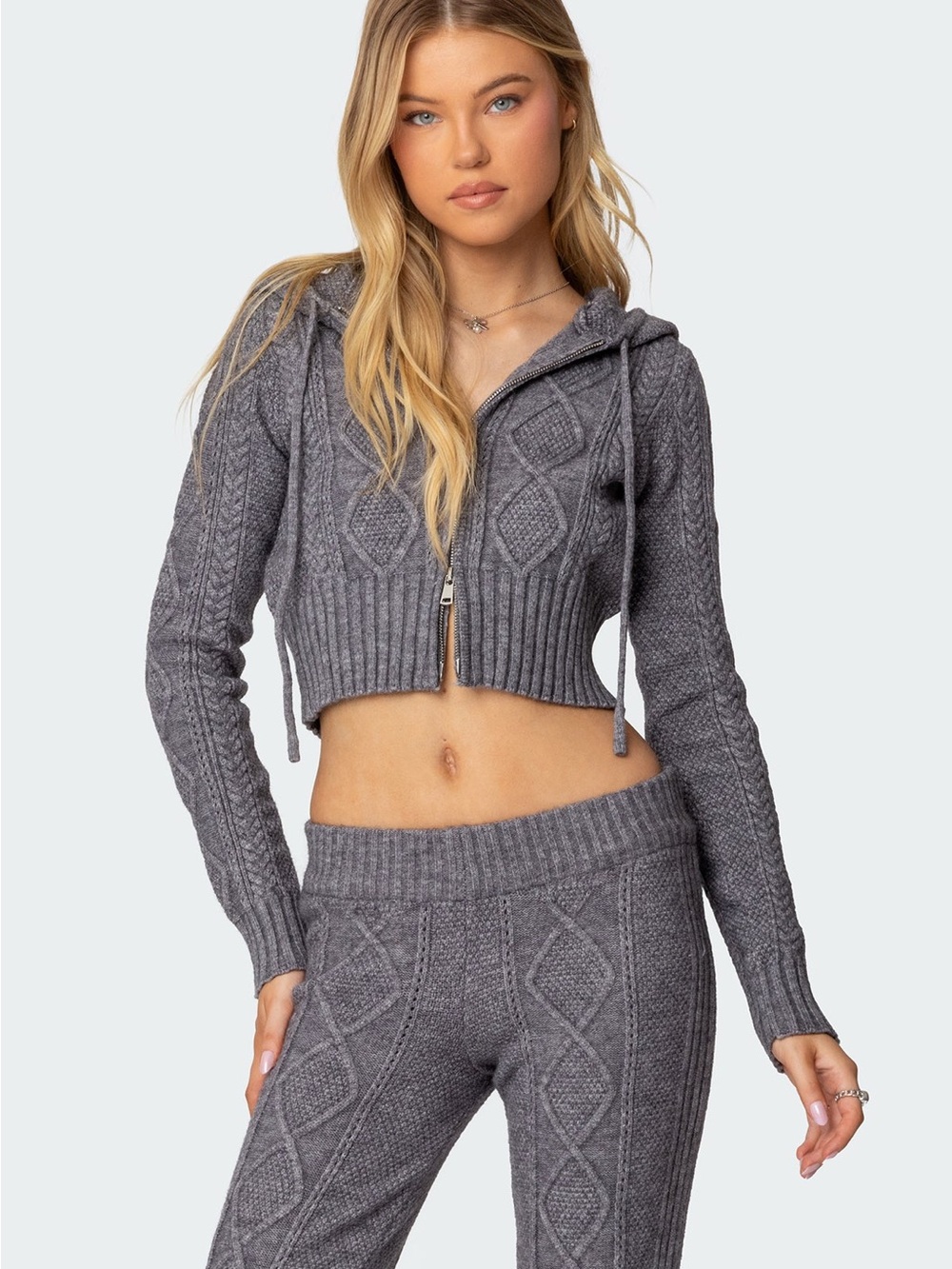 Edikted Cropped Ray Cable-Knit Hooded Cardigan in Heather Gray - Women's Top